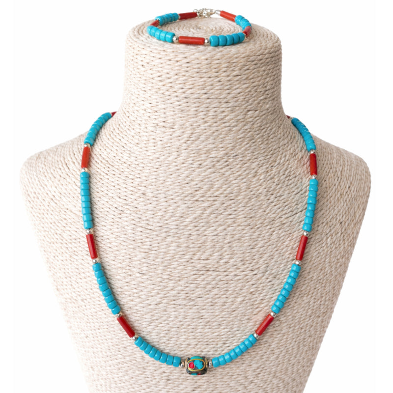 Conjunto Collar y Pulsera Turquesa y Coralina